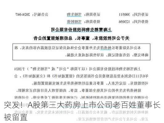 突发！A股第三大药房上市公司老百姓董事长被留置