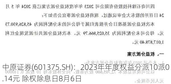 中原证券(601375.SH)：2023年年度权益分派10派0.14元 除权除息日8月6日