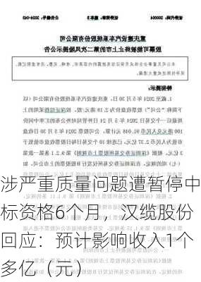 涉严重质量问题遭暂停中标资格6个月，汉缆股份回应：预计影响收入1个多亿（元）