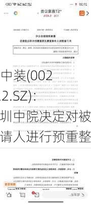 ST中装(002822.SZ)：深圳中院决定对被申请人进行预重整