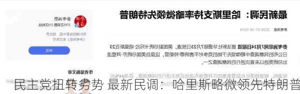 民主党扭转劣势 最新民调：哈里斯略微领先特朗普