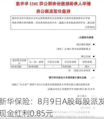 新华保险：8月9日A股每股派发现金红利0.85元