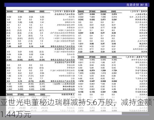 亚世光电董秘边瑞群减持5.6万股，减持金额111.44万元