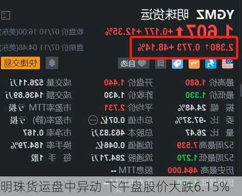 明珠货运盘中异动 下午盘股价大跌6.15%