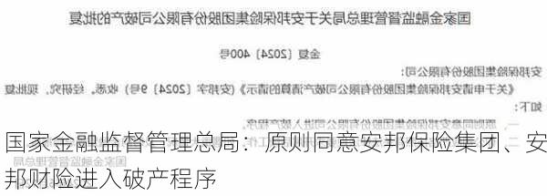 国家金融监督管理总局：原则同意安邦保险集团、安邦财险进入破产程序