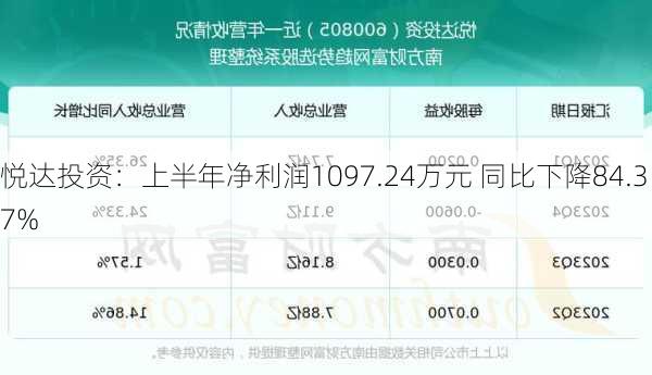 悦达投资：上半年净利润1097.24万元 同比下降84.37%