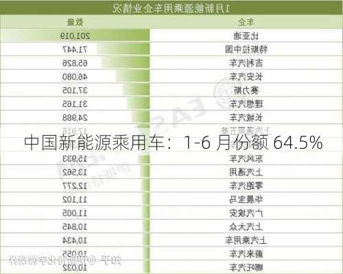 中国新能源乘用车：1-6 月份额 64.5%