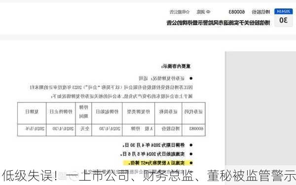 低级失误！一上市公司、财务总监、董秘被监管警示