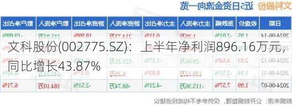 文科股份(002775.SZ)：上半年净利润896.16万元，同比增长43.87%