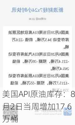 美国API原油库存：8月2日当周增加17.6万桶