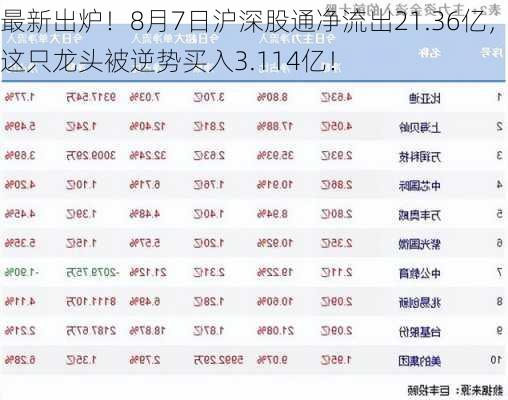 最新出炉！8月7日沪深股通净流出21.36亿，这只龙头被逆势买入3.114亿！