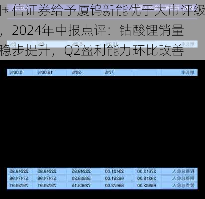 国信证券给予厦钨新能优于大市评级，2024年中报点评：钴酸锂销量稳步提升，Q2盈利能力环比改善