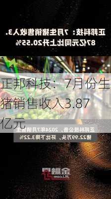 正邦科技：7月份生猪销售收入3.87亿元