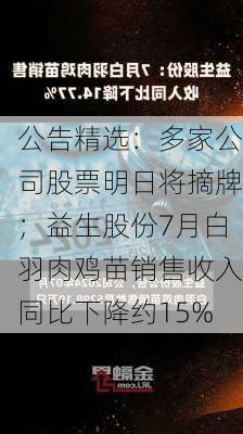 公告精选：多家公司股票明日将摘牌；益生股份7月白羽肉鸡苗销售收入同比下降约15%