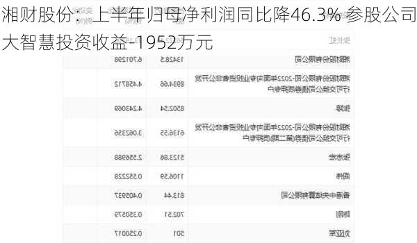 湘财股份：上半年归母净利润同比降46.3% 参股公司大智慧投资收益-1952万元