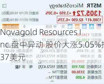 Novagold Resources Inc.盘中异动 股价大涨5.05%报4.37美元