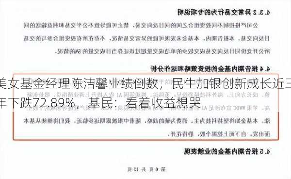 美女基金经理陈洁馨业绩倒数，民生加银创新成长近三年下跌72.89%，基民：看着收益想哭