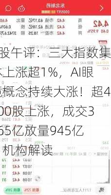 A股午评：三大指数集体上涨超1%，AI眼镜概念持续大涨！超4300股上涨，成交3965亿放量945亿；机构解读