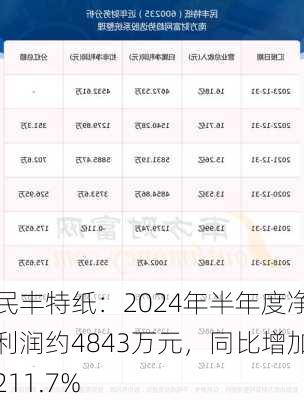 民丰特纸：2024年半年度净利润约4843万元，同比增加211.7%