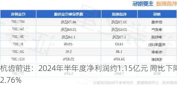 杭齿前进：2024年半年度净利润约1.15亿元 同比下降2.76%