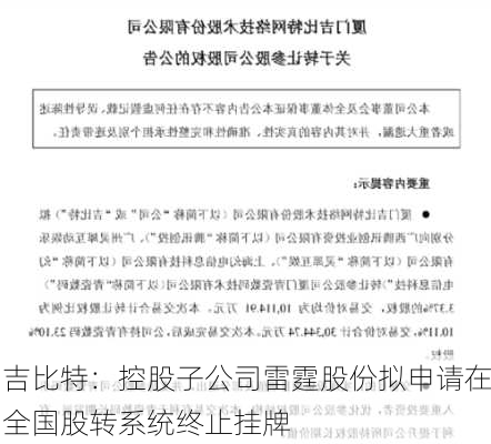 吉比特：控股子公司雷霆股份拟申请在全国股转系统终止挂牌