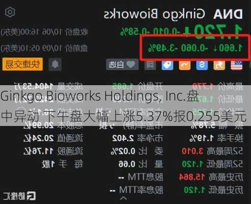 Ginkgo Bioworks Holdings, Inc.盘中异动 下午盘大幅上涨5.37%报0.255美元