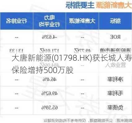 大唐新能源(01798.HK)获长城人寿保险增持500万股