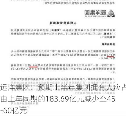 远洋集团：预期上半年集团拥有人应占亏损由上年同期的183.69亿元减少至45-60亿元