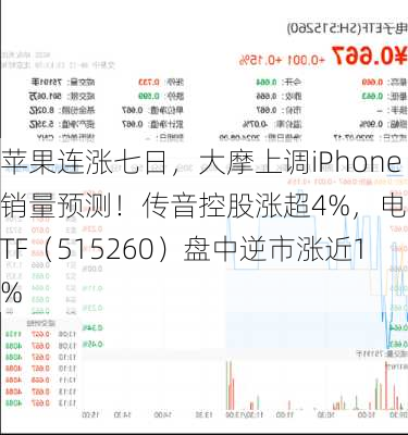 苹果连涨七日，大摩上调iPhone销量预测！传音控股涨超4%，电子ETF（515260）盘中逆市涨近1%