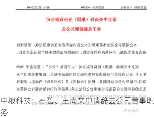 中粮科技：石碧、王尚文申请辞去公司董事职务