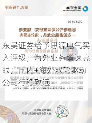 东吴证券给予思源电气买入评级，海外业务增速亮眼，国内+海外双轮驱动公司行稳致远