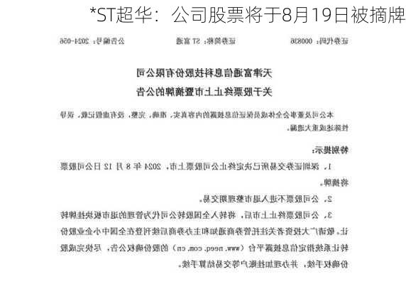 *ST超华：公司股票将于8月19日被摘牌