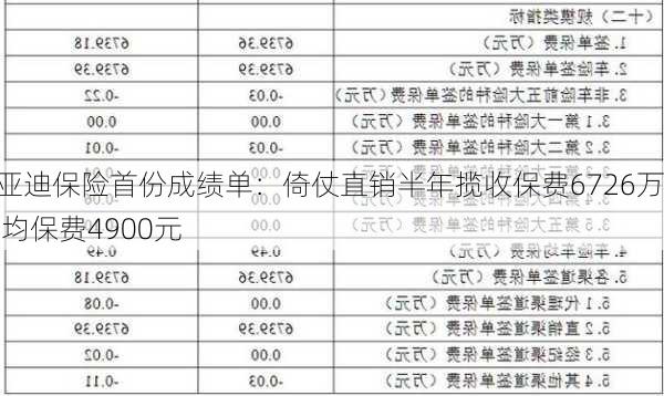 比亚迪保险首份成绩单：倚仗直销半年揽收保费6726万 车均保费4900元