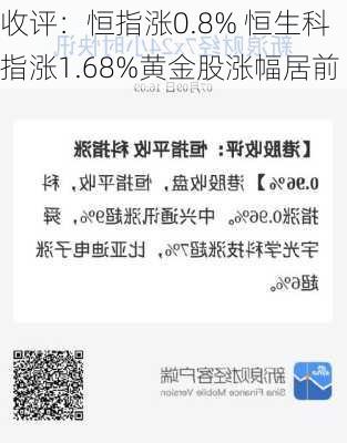 收评：恒指涨0.8% 恒生科指涨1.68%黄金股涨幅居前