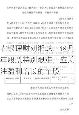 农银理财刘湘成：这几年股票特别艰难，应关注盈利增长的个股