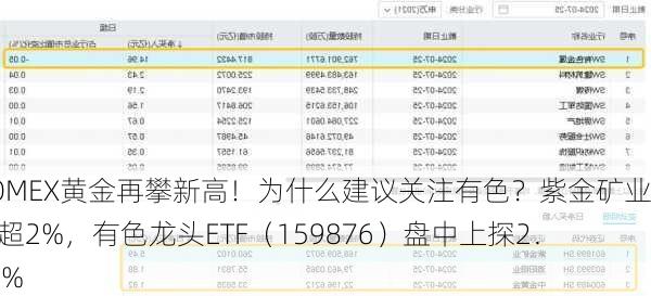 COMEX黄金再攀新高！为什么建议关注有色？紫金矿业涨超2%，有色龙头ETF（159876）盘中上探2．48%