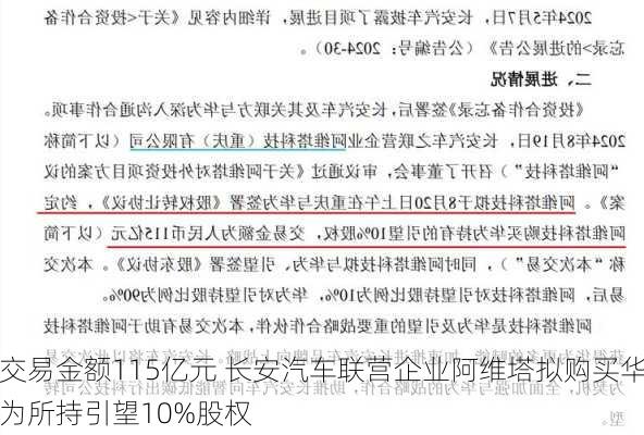 交易金额115亿元 长安汽车联营企业阿维塔拟购买华为所持引望10%股权