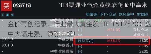 金价再创纪录，行业最大黄金股ETF（517520）盘中大幅走强，领涨市场！