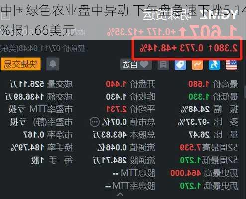 中国绿色农业盘中异动 下午盘急速下挫5.14%报1.66美元