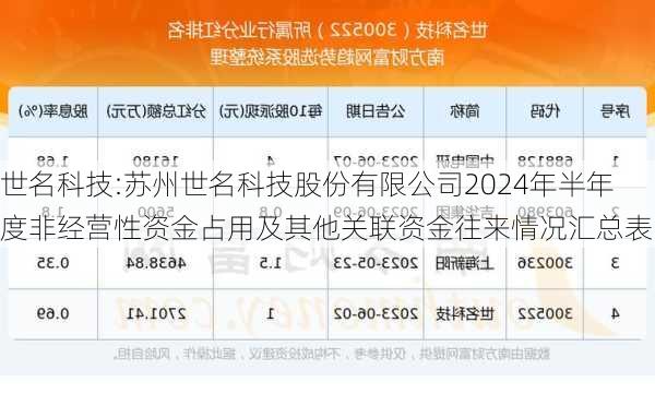 世名科技:苏州世名科技股份有限公司2024年半年度非经营性资金占用及其他关联资金往来情况汇总表