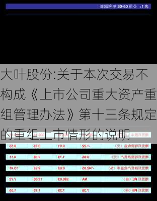 大叶股份:关于本次交易不构成《上市公司重大资产重组管理办法》第十三条规定的重组上市情形的说明