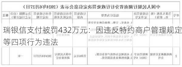 瑞银信支付被罚432万元：因违反特约商户管理规定等四项行为违法