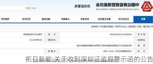 拓日新能:关于收到深圳证监局警示函的公告