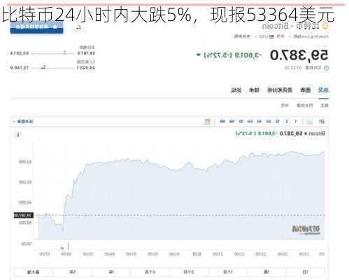 比特币24小时内大跌5%，现报53364美元