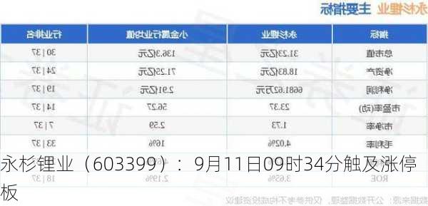 永杉锂业（603399）：9月11日09时34分触及涨停板