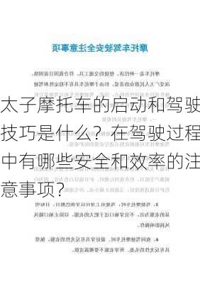 太子摩托车的启动和驾驶技巧是什么？在驾驶过程中有哪些安全和效率的注意事项？