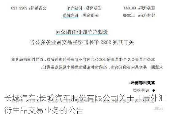 长城汽车:长城汽车股份有限公司关于开展外汇衍生品交易业务的公告