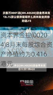 资本界金控(00204)8月末每股综合资产净值约为0.416港元