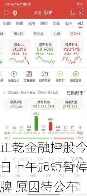 正乾金融控股今日上午起短暂停牌 原因待公布