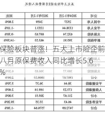 保险板块普涨！五大上市险企前八月原保费收入同比增长5.6%